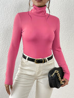 Top de corte alto de manga comprida para mulher - Mistura de poliéster preto elástico, corte casual chic com detalhe de botão, perfeito para outono/inverno, top casual chic|Estilo minimalista|Mistura de poliéster