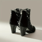 Botas Femininas de Tornozelo: Preto com renda bordada - salto bloco em malha, estilo Gótico e Bohemian. Presente ideal para mulheres, perfeitas para vestidos elegantes, festas, casamentos e viagens