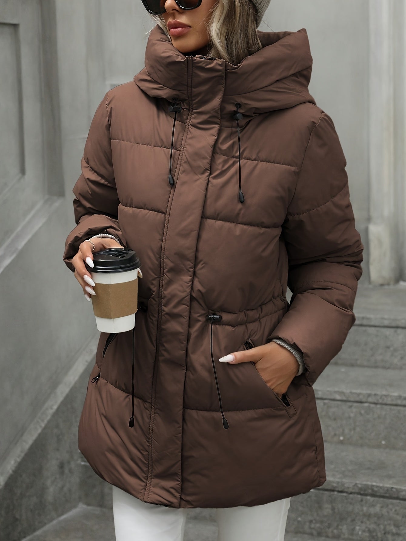 Coleção Outono/Inverno 2025: Casaco Puffer de Comprimento Médio Acolchoado, Jaqueta com Capuz Quente e Estilo Casual Moderno, Cinto Ajustável, Fechamento com Zíper, Ideal para o Dia a Dia e Atividades ao Ar Livre