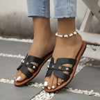 Sandálias Chinelas Femininas Chiques - Abertas Casualmente, Falso Cobertura com Tiras de Fivela Douradas, Sola de Borracha Confortável - Calçado Versátil para Todas as Estações