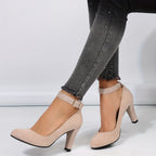 Salto bloco feminino, bombas elegantes de cor sólida, saltos com tira de fivela da moda