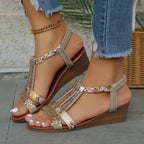 Sandálias Femininas Com Decoração De Strass, Tira Elástica, Sola Macia, Sapatos De Férias, Glitter, Antiderrapante, Sapatos De Cunha De Praia