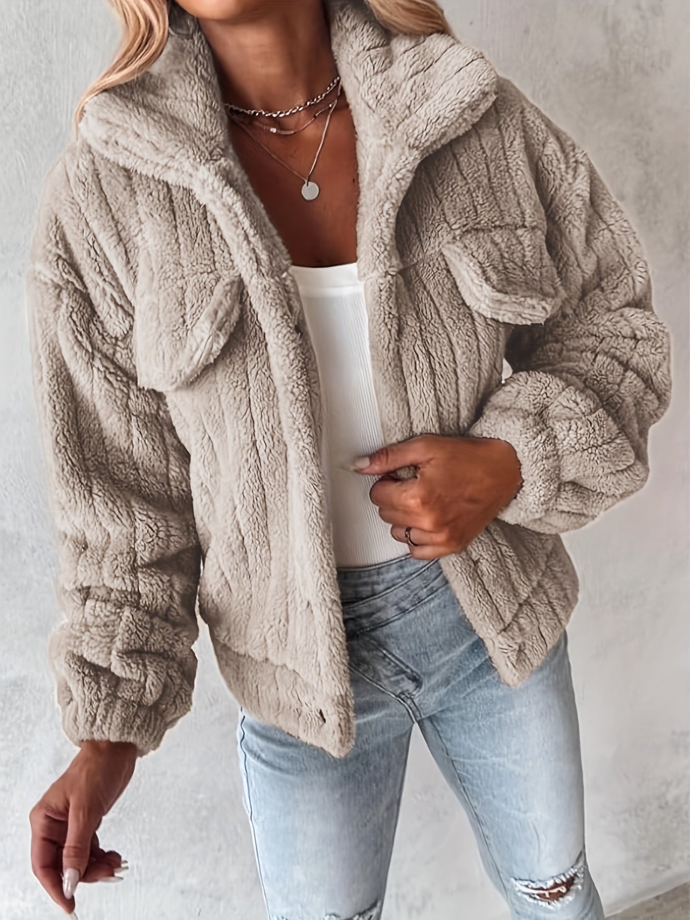 Casaco de Inverno Feminino com Gola de Pelúcia Realista - Casaco Teddy Bege, Lavável à Máquina, Manga Longa Macia para Outono/Inverno, Uso Casual ou Elegante (Sem Design) - Casaco Faux Teddy Aconchegante