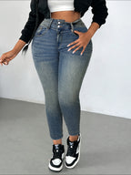 Jeans Elásticos Slim-Fit para Mulher - Estilo Elegante e Justo para o Outono, Perfeitos para Saídas Casuais, Calças de Ganga Elásticas de Cintura Subida.