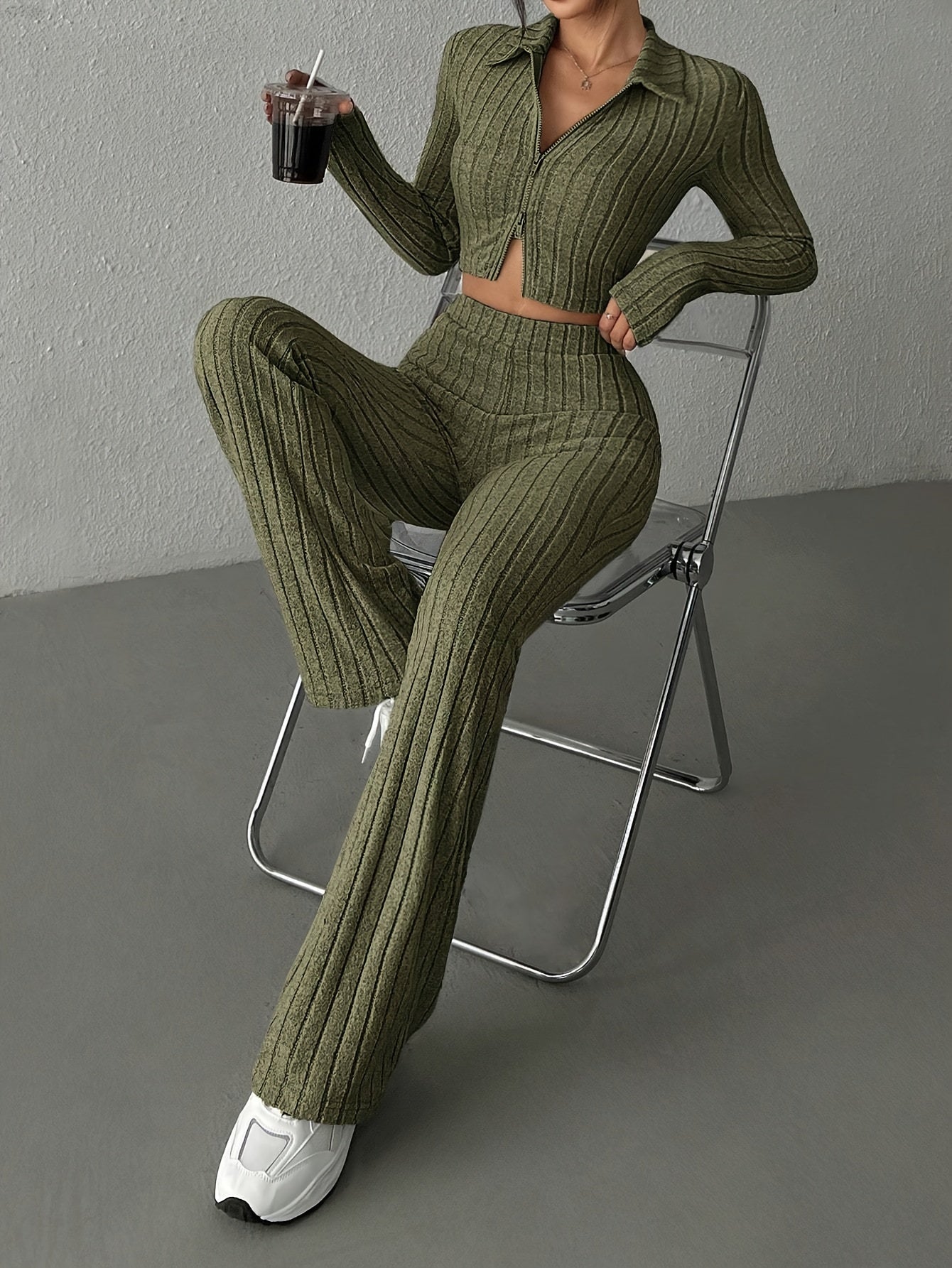 Cardigã Cropped e Calça Wide-Leg de Cintura Alta em Cores Sólidas para Primavera/Outono Casual e Estilosa