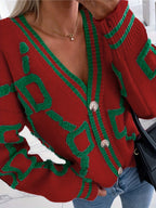 Casaco de malha com blocos de cor, casaco de malha com botões em decote em V, tops casuais para outono e inverno, roupa de mulher