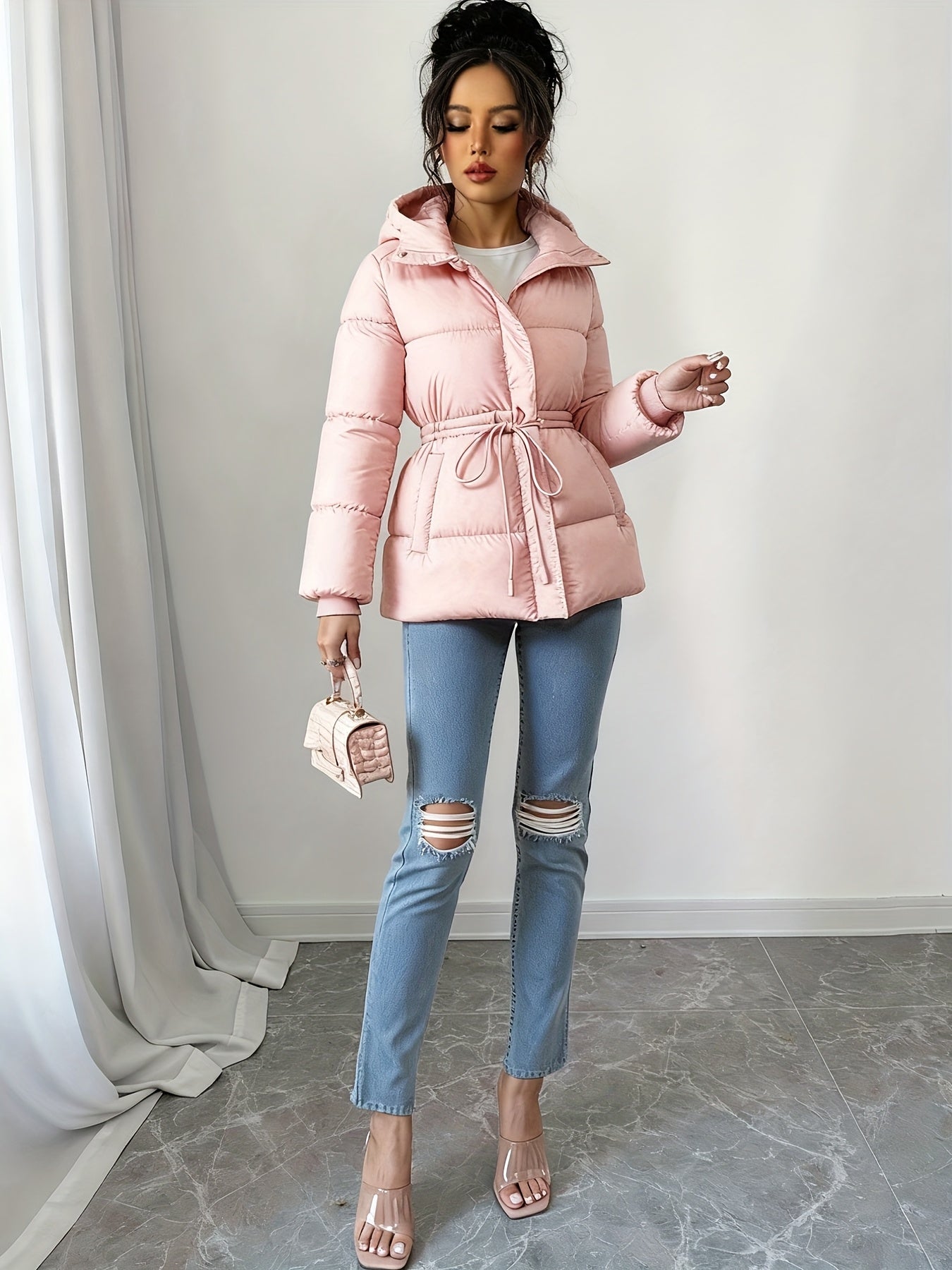 Casaco de Inverno Preto Elegante para Mulher - Silhueta H-Line de Manga Comprida com Fecho de Zíper Frontal, Tecido Sem Elasticidade de Corte Solto para Clima Frio