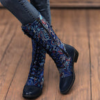 Botas Femininas Chinesas com Bico Redondo e Salto Baixo - Fechamento com Zíper - Botas de Tecido Adequadas para Looks Casuais, Elegantes e Informais - Estampa de Flor Chinesa