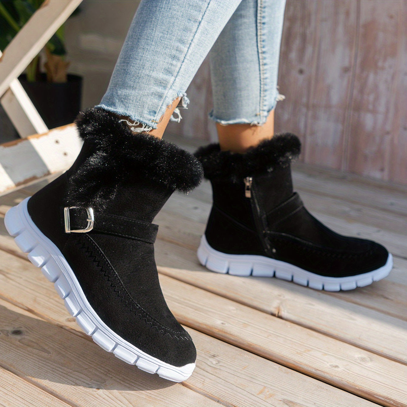 Botas de Inverno Femininas - Sola Espessa com Plataforma para Clima Frio, Sola em PU Antiderrapante, Fecho de Zíper, Interior Aveludado tipo Pelo Sintético - Sapatos Quentes para Looks Diários e Formais - Ylxhoa, Calçado Sazonal, Calçado Elegante, Construção Durável