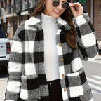 Teddy Coat with Plaid Pattern and Patched Pockets