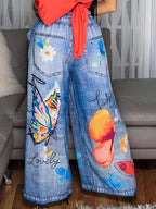 Calças Plus Size Femininas de Perna Larga com Cintura Elástica e Estampa de Borboleta - Calças Maximalistas de Comprimento Total Adequadas para Uso Casual, Escritório e Semi-Formal - Linha Especial Elegante - Calças