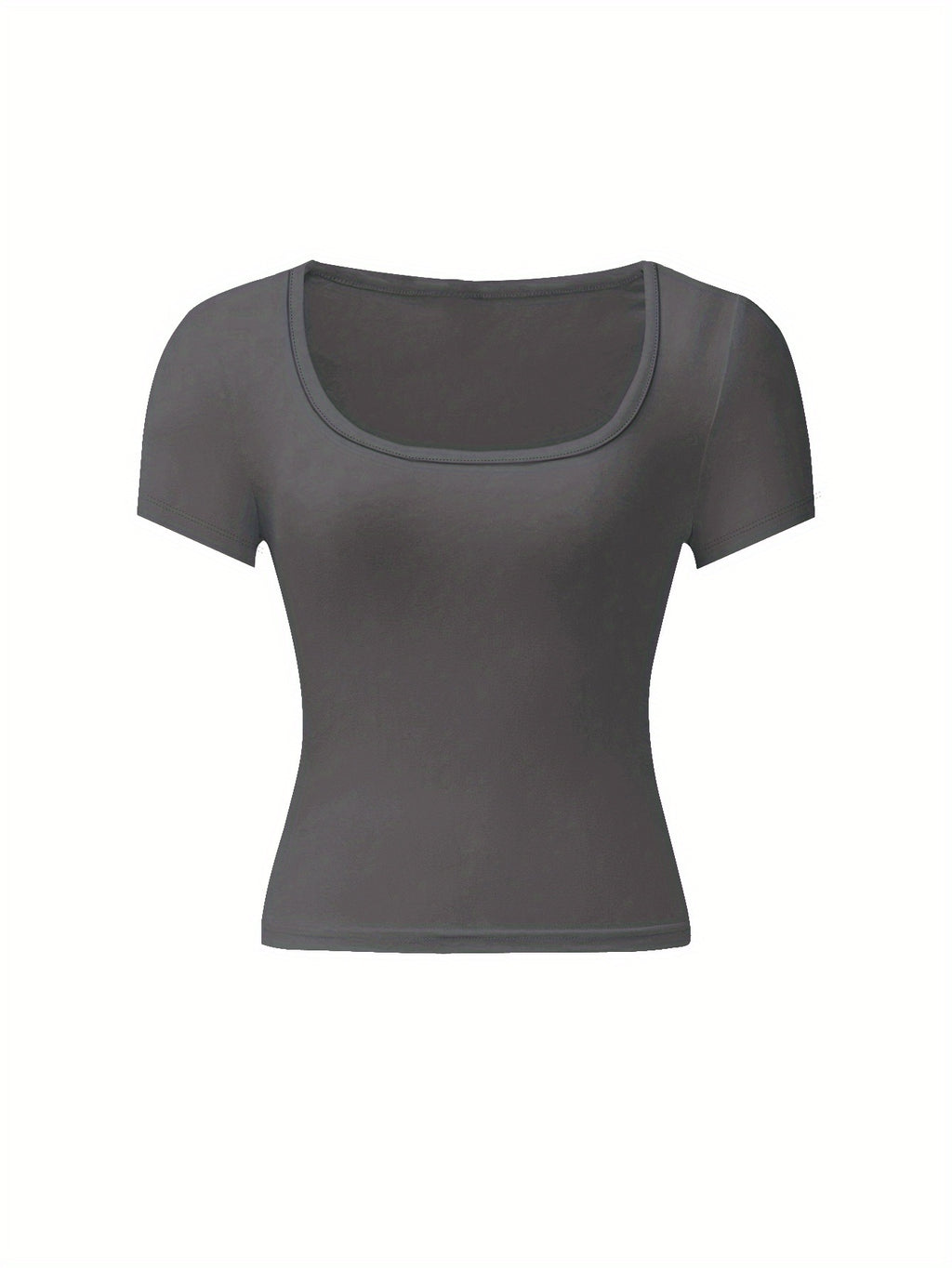 4 peças de camisetas de manga curta para mulheres - Tops curtos de cor sólida com decote em U, Tops de verão casuais elásticos em branco, preto, marrom e cinza, Versáteis para atuário casual, Blusas de top curto