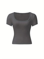 4 peças de camisetas de manga curta para mulheres - Tops curtos de cor sólida com decote em U, Tops de verão casuais elásticos em branco, preto, marrom e cinza, Versáteis para atuário casual, Blusas de top curto