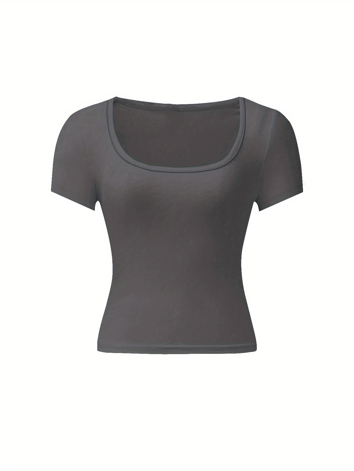 4 peças de camisetas de manga curta para mulheres - Tops curtos de cor sólida com decote em U, Tops de verão casuais elásticos em branco, preto, marrom e cinza, Versáteis para atuário casual, Blusas de top curto