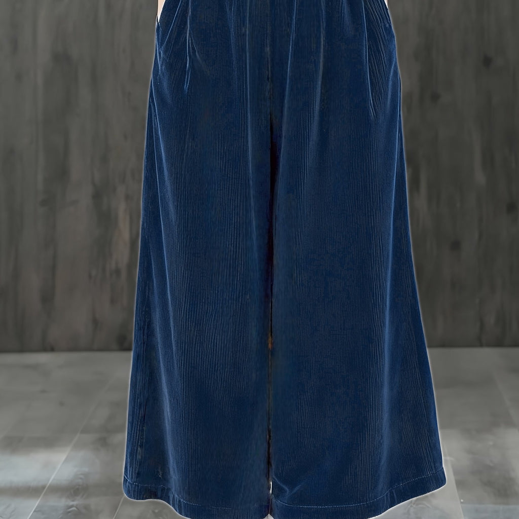 Wide-Leg Corduroy Pants with Elastic Waist and Pockets
