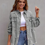 Boho-Chic Oversized Denim Jacket with Distressed Details