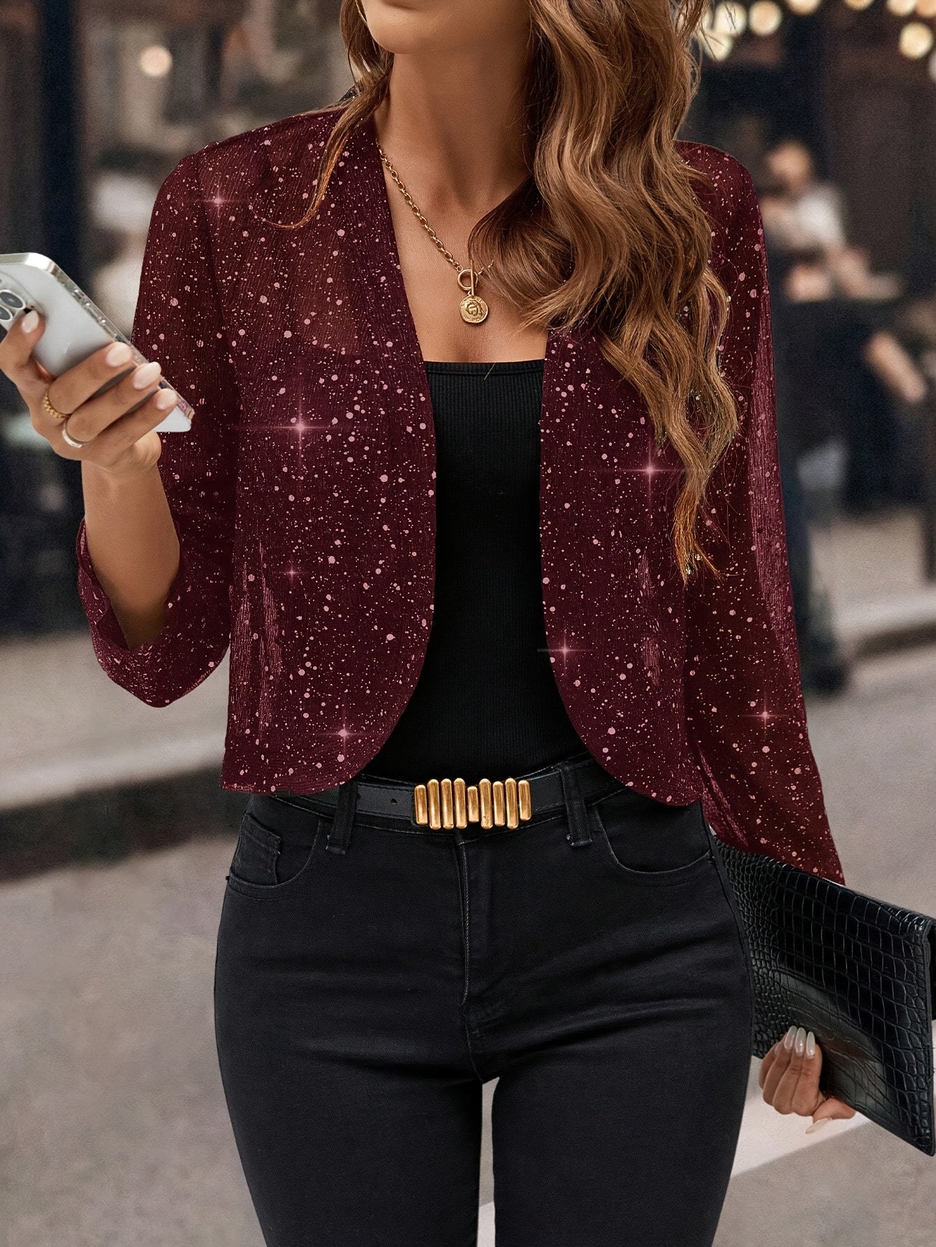 Jaqueta Cardigan Feminina com Lantejoulas e Glitter, Tecido Plissado em Folha Dourada Manga 3/4 Blazer Curto para Casual de Negócios