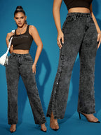 Calças Jeans Retrô Femininas de Perna Reta com Botões