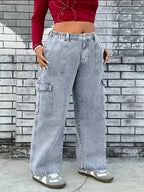 Calças de carga azul claro para mulheres de tamanho grande - Denim de alta elasticidade com bolsos, estilo casual, conforto para todas as estações, moda confortável | Calças de estilo casual | Tecido de alta elasticidade, calças de mulher, overalls de denim para mulher, calças de mãe para mulher