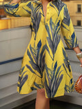 Vestido estampado de folhas com meio botão, vestido casual trapézio de manga 3/4 para primavera e outono, roupa de mulher
