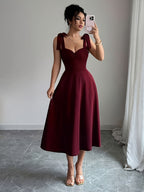 Vestido elegante sem mangas A-Line para mulher - Festa formal e casual, bainha evasê, cinto com tiras, fácil de usar no dia a dia e para saídas noturnas, peça versátil essencial do guarda-roupa, design sofisticado, costura de qualidade, roupa elegante, para amantes da moda