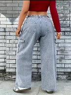 Calças de carga azul claro para mulheres de tamanho grande - Denim de alta elasticidade com bolsos, estilo casual, conforto para todas as estações, moda confortável | Calças de estilo casual | Tecido de alta elasticidade, calças de mulher, overalls de denim para mulher, calças de mãe para mulher