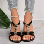 Sandálias rasas decoradas com strass para mulheres, sapatos de verão de bico aberto na moda, sandálias leves com tira no tornozelo