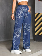 Calças de ganga de perna reta para mulheres com detalhe de listras contrastantes - Ajuste solto, cintura média, tecido não elástico, estilo casual de rua para todas as estações, jeans de todas as estações | Jeans de cintura média | Jeans não elásticos