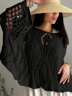 Plus Size, Top Casual Feminino com Recorte Geométrico e Manga 3/4 - Cobertura Protetora Solar Solta para Primavera/Verão, Roupa de Praia Translúcida e Respirável, Camada de Proteção Solar, Estampa Crochê, Tecido Lavável à Mão, Elasticidade Média