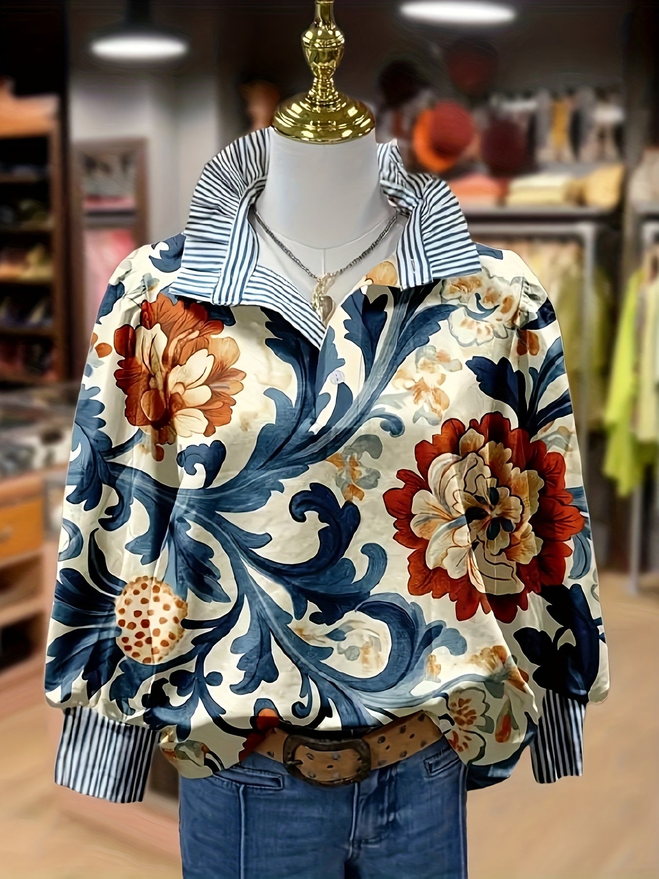 Blusa Elegante Feminina com Estampa Paisley - Camisa de Manga Longa com Botões na Frente e Multicolor (Azul Marinho/Bege/Vermelho/Dourado) - Top Estruturado de Inverno para Casamentos e Eventos Semi-Formais - Camisa com Gola Não Elástica e Lavável à Máquina
