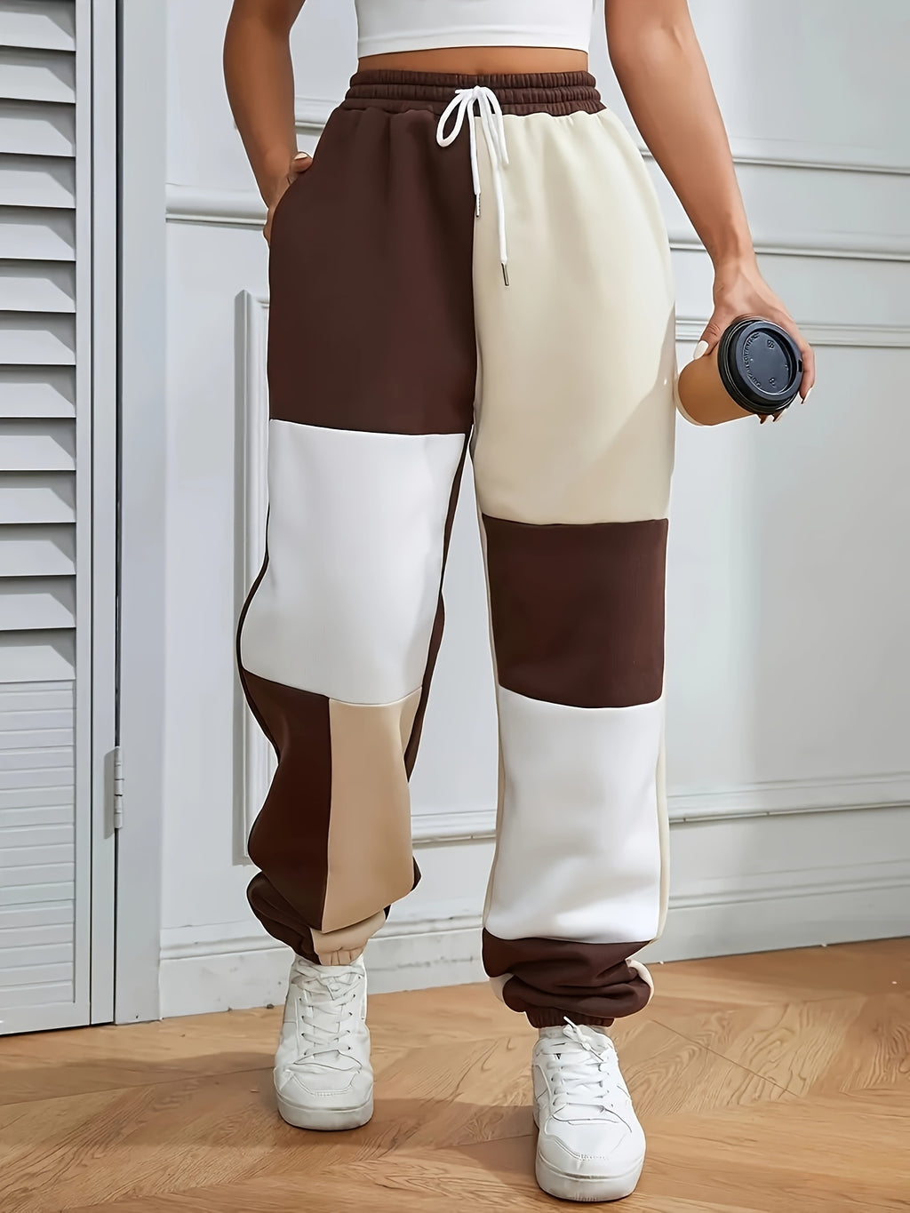 Calças Jogger Elegantes Plus Size para Mulheres - Cintura Elástica com Cordão, Pernas Largas e Bolsos Laterais, Rosa Pastel & Lavanda, Calças Casuais de Outono/Inverno Laváveis à Máquina, Roupa Casual, Confortável, Estilo Moderno, Material Macio, Conjunto de Dois Peças, Vestuário de Conforto Doméstico