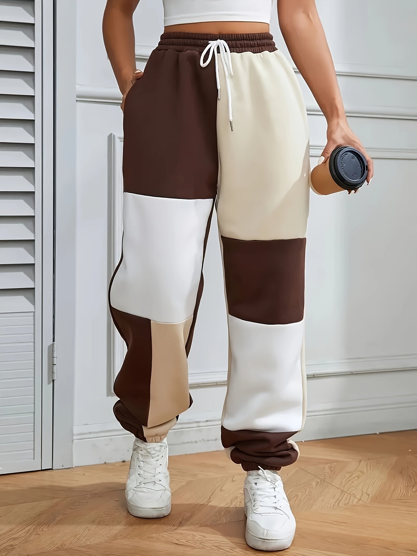 Calças Jogger Elegantes Plus Size para Mulheres - Cintura Elástica com Cordão, Pernas Largas e Bolsos Laterais, Rosa Pastel & Lavanda, Calças Casuais de Outono/Inverno Laváveis à Máquina, Roupa Casual, Confortável, Estilo Moderno, Material Macio, Conjunto de Dois Peças, Vestuário de Conforto Doméstico