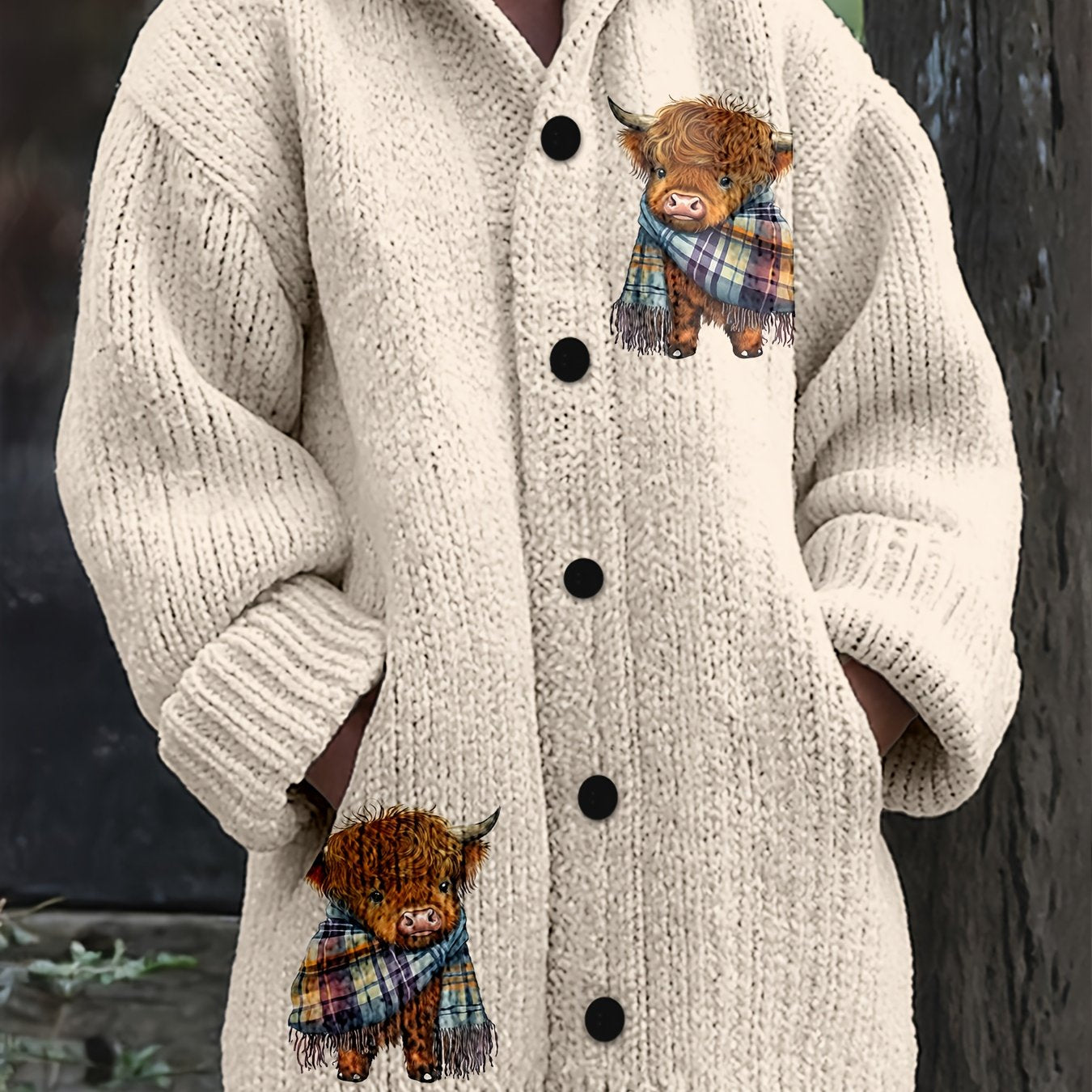 Cozy Oversized Winter Hooded Coat with Highland Cow Plaid