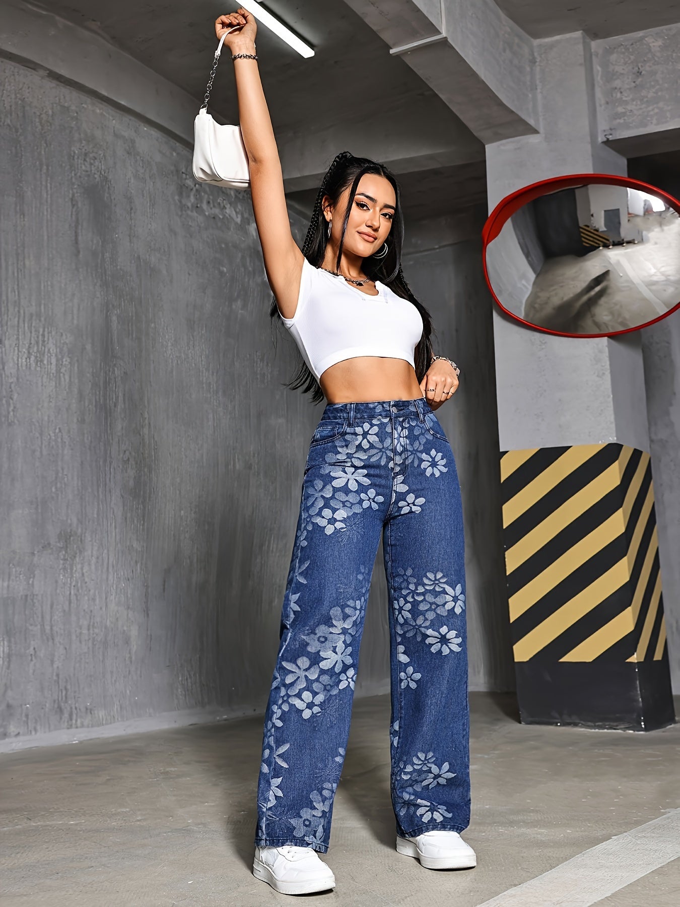 Calças de ganga de perna reta para mulheres com detalhe de listras contrastantes - Ajuste solto, cintura média, tecido não elástico, estilo casual de rua para todas as estações, jeans de todas as estações | Jeans de cintura média | Jeans não elásticos