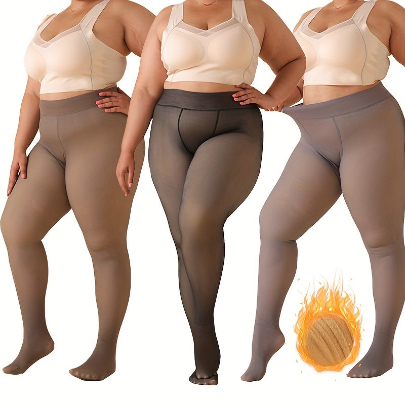 Pacote com 3 Meias-Thermal Femininas Plus Size - Aquecedores de Pernas Grossos para Inverno, Calças-Leggings Opacas Compridas (Bege/Marrom/Preto) - Alta Elasticidade e Controle da Barriga & Ajuste Sem Costura Para Clima Frio, Treinos ou Uso Casual