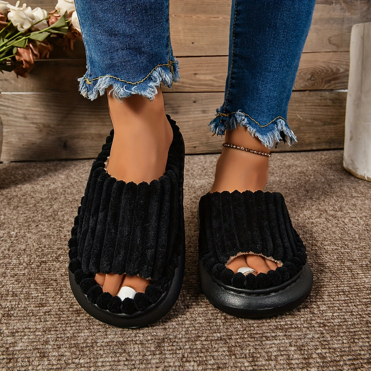 Chinelos Femininos Aconchegantes com Sola Grossa de EVA, Chinelos Casuais Listrados Antiderrapantes com Parte Superior de Tecido e Material Interno, Relaxamento em Casa | Chinelos Fashion | Chinelos com Sola de EVA, Chinelos de Casa