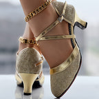 Sapatos De Dança Latina D'Orsay Com Brilho Para Mulheres, Saltos Médios Robustos Com Fivela Cruzada, Sapatos De Dança Elegantes Para Todas As Ocasiões