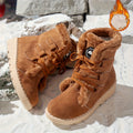 Botas de Inverno Femininas - Botas de Neve de Cano Médio com Fecho de Cordões, Sola de Borracha Antiderrapante, Parte Superior em Tecido Quente - Castanho - Palmilha Acolchoada - Sapatos para Clima Frio para Senhoras, Botas de Inverno Femininas, Interior Forrado a Pelúcia
