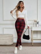 Calças Justas de Cintura Subida para Mulher - Tecido Opaco, Calças Laváveis à Máquina para Looks Diários e Formais - Calças Elegantes para Escritório, Festa, Casual - Essenciais de Roupa de Outono/Inverno, Leggings de Cintura Subida, Roupa Versátil, Padrão de Grelha, laváveis máquina, calças justas mulher, legging cintura subida, roupa outono inverno