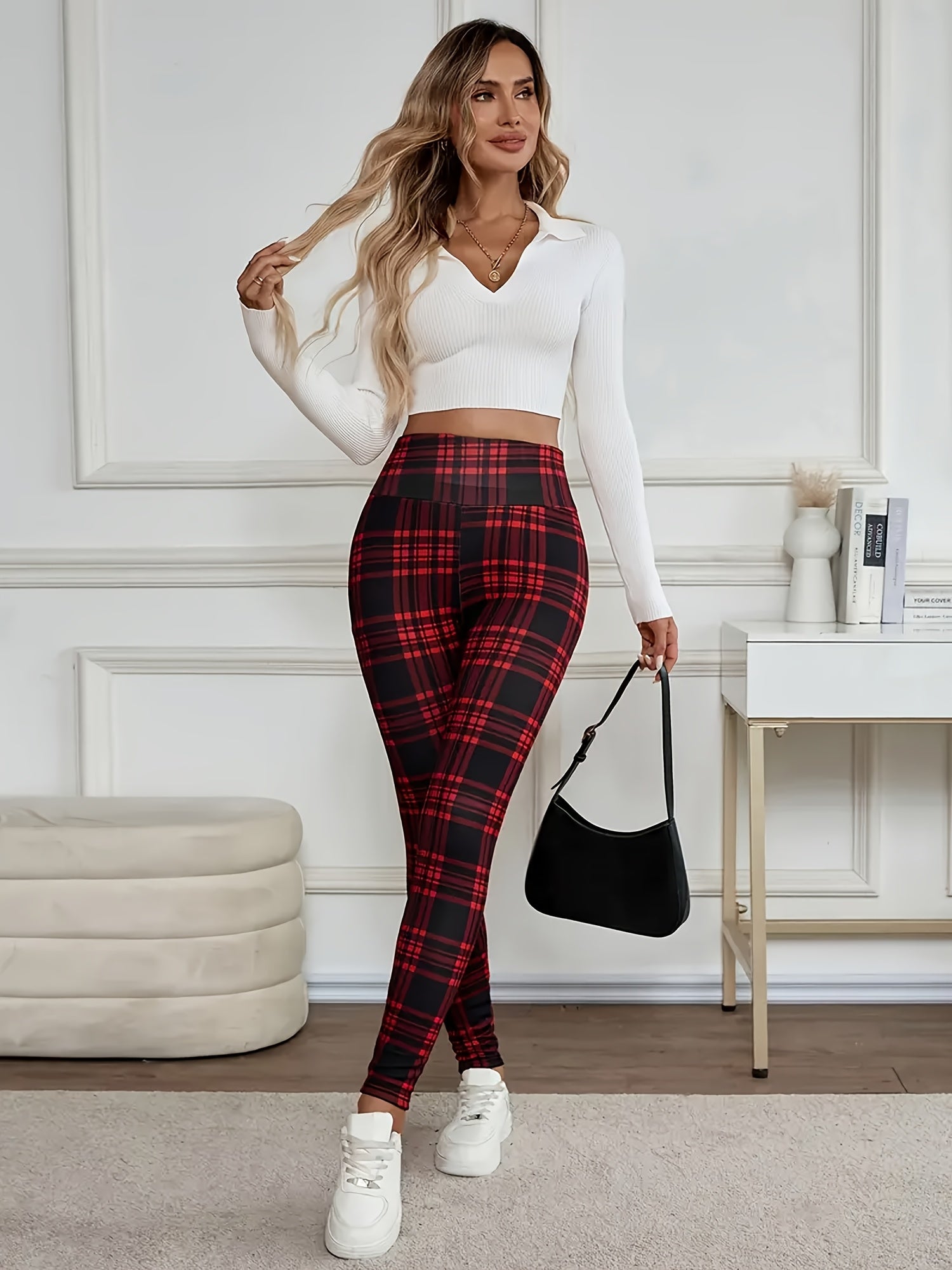 Calças Justas de Cintura Subida para Mulher - Tecido Opaco, Calças Laváveis à Máquina para Looks Diários e Formais - Calças Elegantes para Escritório, Festa, Casual - Essenciais de Roupa de Outono/Inverno, Leggings de Cintura Subida, Roupa Versátil, Padrão de Grelha, laváveis máquina, calças justas mulher, legging cintura subida, roupa outono inverno
