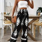 Wide Leg Floral Pants with Elastic Waist