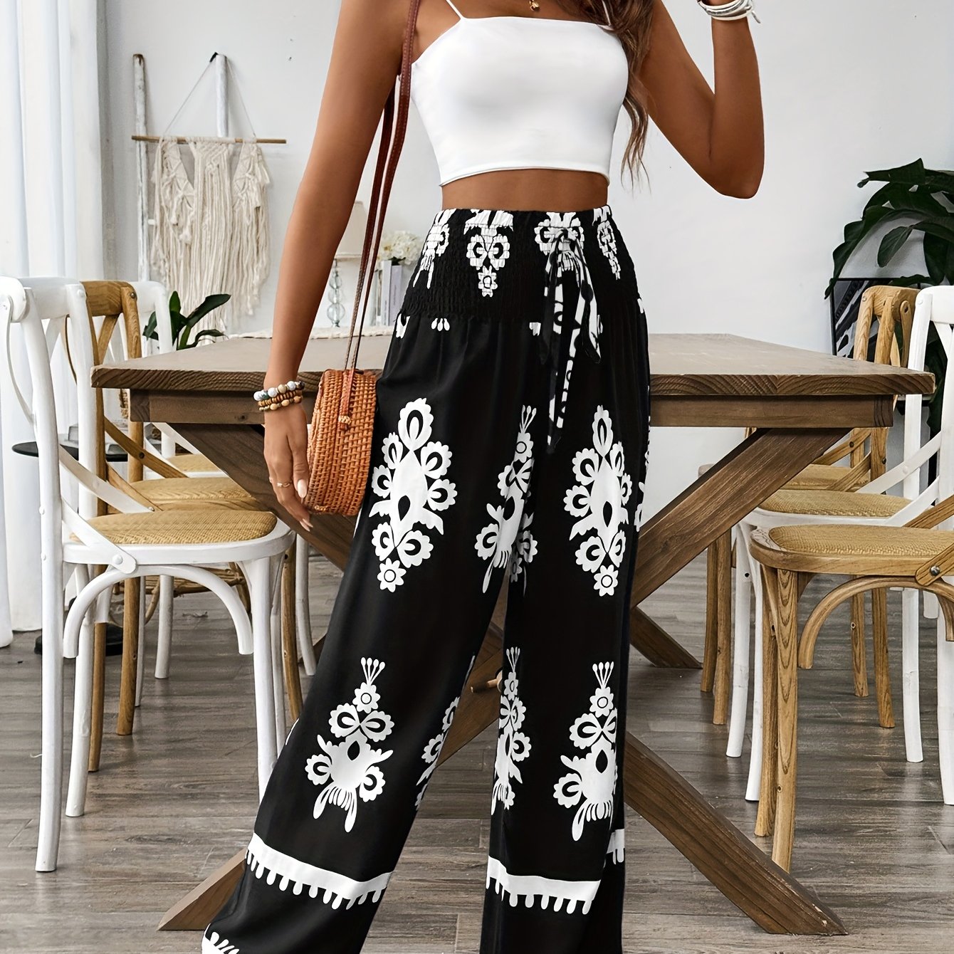 Wide Leg Floral Pants with Elastic Waist