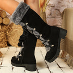 Botas de Inverno Elegantes para Mulheres com Forro de Pele Sintética - Botas de Cano Médio Aconchegantes com Salto Grosso, Detalhes de Pompom e Zíper Lateral | Botas Térmicas Isoladas para Clima Frio, Botas de Inverno