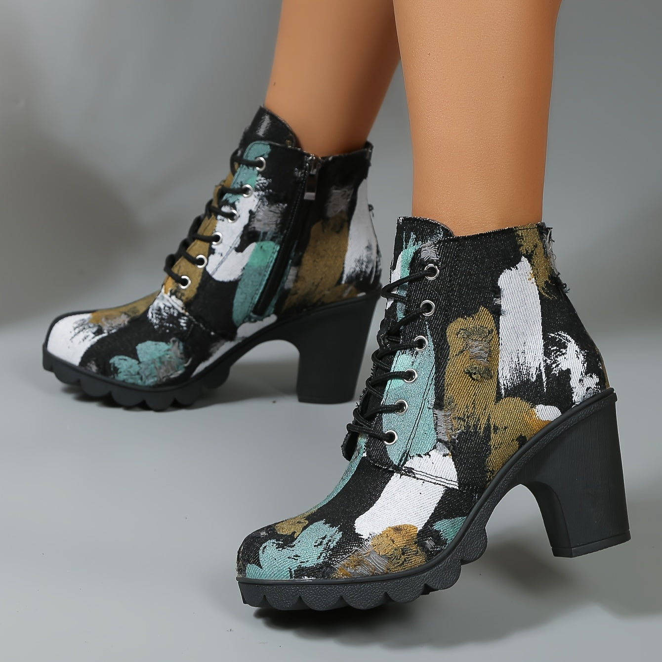 Botas de Tecido Estilo Desgastado para Mulheres com Salto Médio Robusto, Zíper Lateral & Bico Redondo - Botas Tornozelo Versáteis do Casual ao Formal, Disponíveis em Largura Ampliada