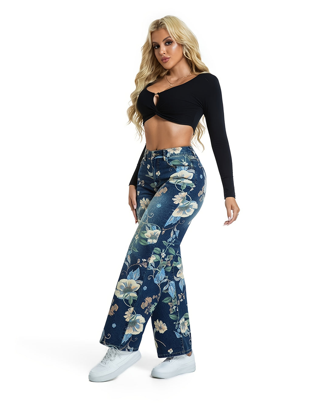 Calças de ganga de cintura alta para mulheres com estampa floral rosa vibrante - pernas retas, fecho de botão, calças longas casuais para verão e outono, calças de ganga de cintura alta, roupa casual de outono, ajuste confortável