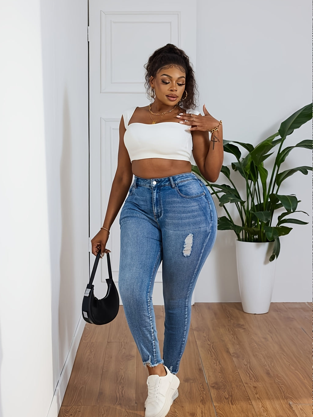 Jeans Skinny de Cintura Alta para Mulheres - Jeans Skinny com Elástico, Franja na Barra e Passantes para Cinto, Calças Azuis Ajustadas para Todas as Estações com Jaquetas de Jeans (Lavável à Mão) - Jeans  e Elásticos para Mulheres Curvilíneas