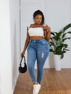 Jeans Skinny de Cintura Alta para Mulheres - Jeans Skinny com Elástico, Franja na Barra e Passantes para Cinto, Calças Azuis Ajustadas para Todas as Estações com Jaquetas de Jeans (Lavável à Mão) - Jeans  e Elásticos para Mulheres Curvilíneas
