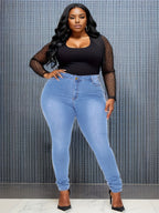 Calças de ganga de cintura alta para mulheres - Ajuste fino, denim azul claro, estilo casual, fecho de correr, conforto para todas as estações, calças de ganga de cintura alta, moda confortável, tecido durável