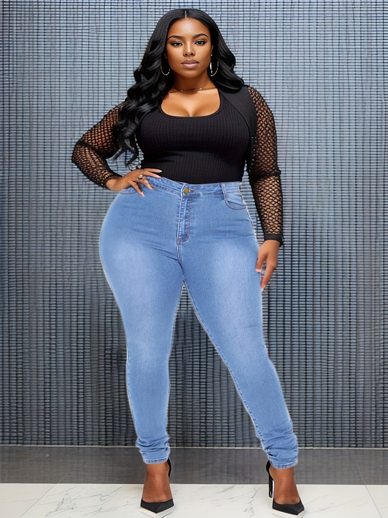 Calças de ganga de cintura alta para mulheres - Ajuste fino, denim azul claro, estilo casual, fecho de correr, conforto para todas as estações, calças de ganga de cintura alta, moda confortável, tecido durável