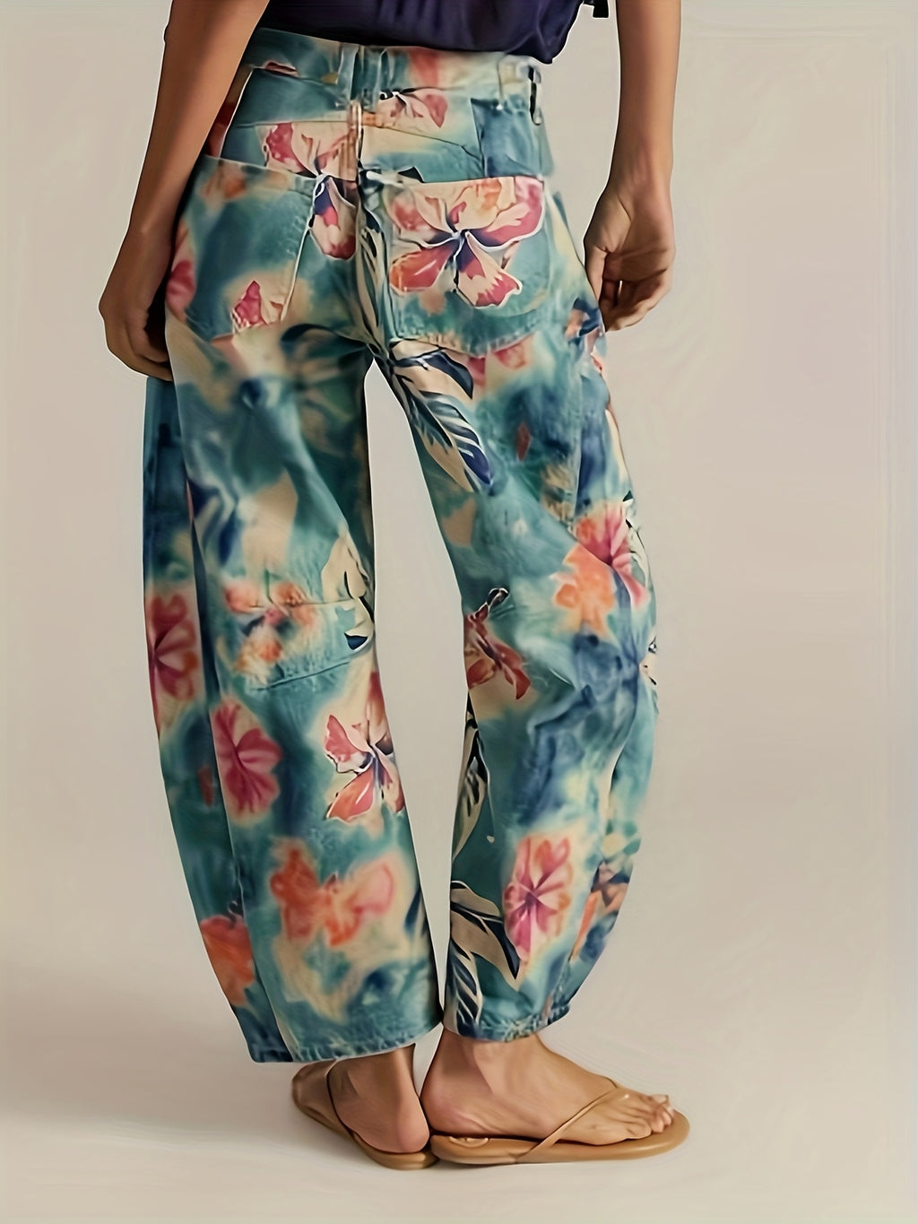 Calças Jeans Femininas de Perna Larga com Estampa Floral Verde - Calças de Pintura Botânica em Azul Turquesa e Rosa, Calças Retas Vintage com Bolsos, Jeans Laváveis à Máquina para Todas as Estações, Ideais para Estilo Boho, Casual e Formal (Padrões de Perna com Flores)